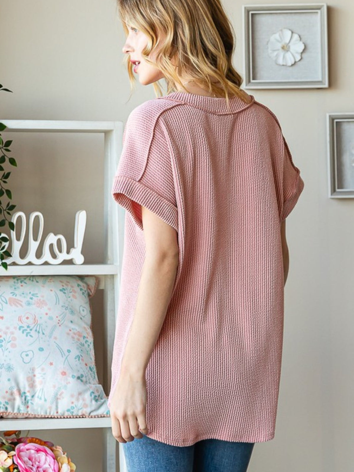Striped jacquard knit loose-fitting V-neck short sleeve T-shirt