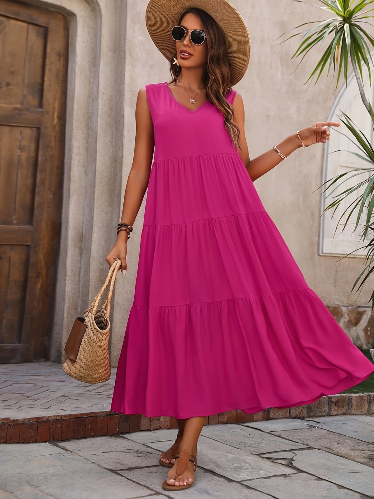 Loose V Neck Ruffle Hem Dress, Casual Sleeveless Dress