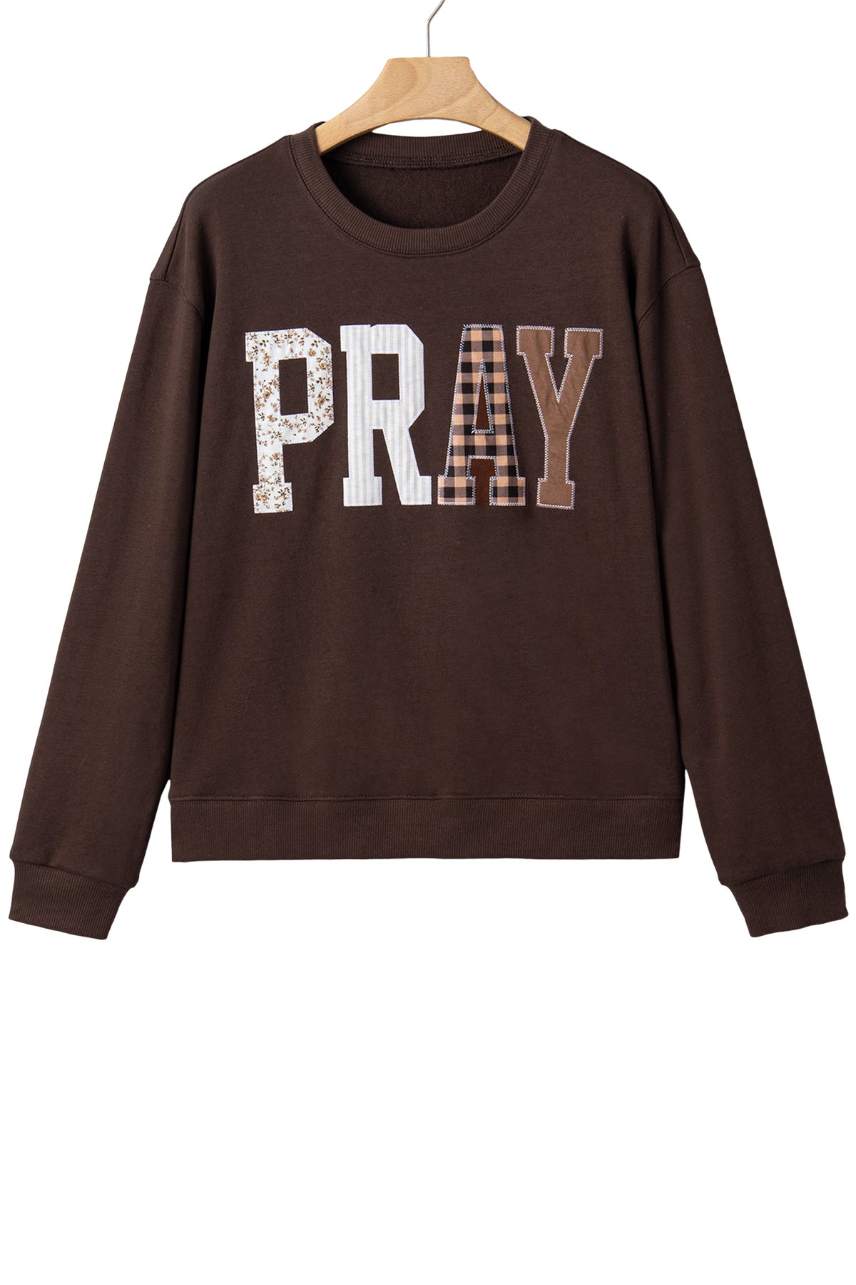 Coffee Floral Buffalo Plaid Striped Embroidered Patch Western Pullover Sweatshirt