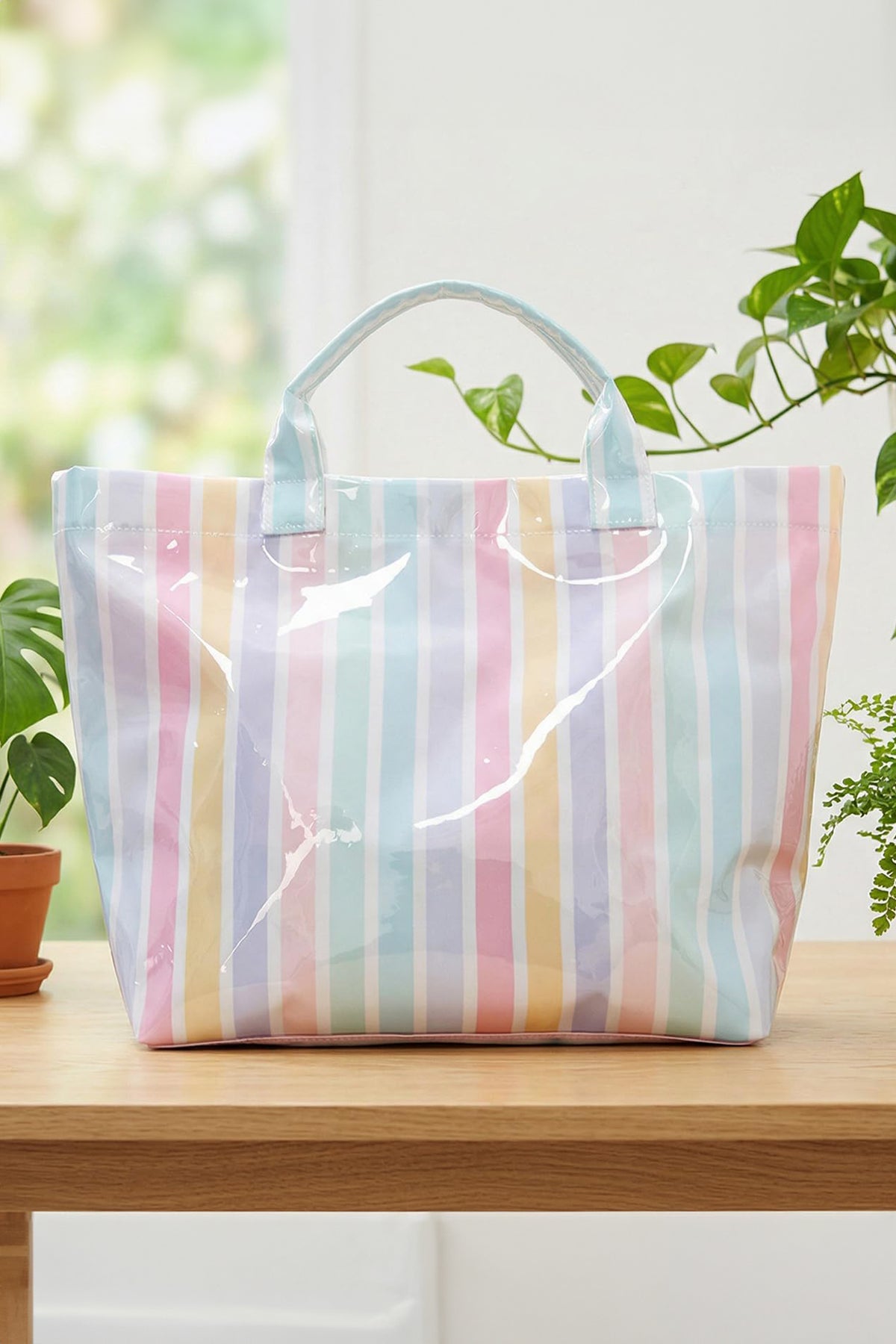 Red Glossy Striped Vinyl Large Tote Bag (Color Varied)