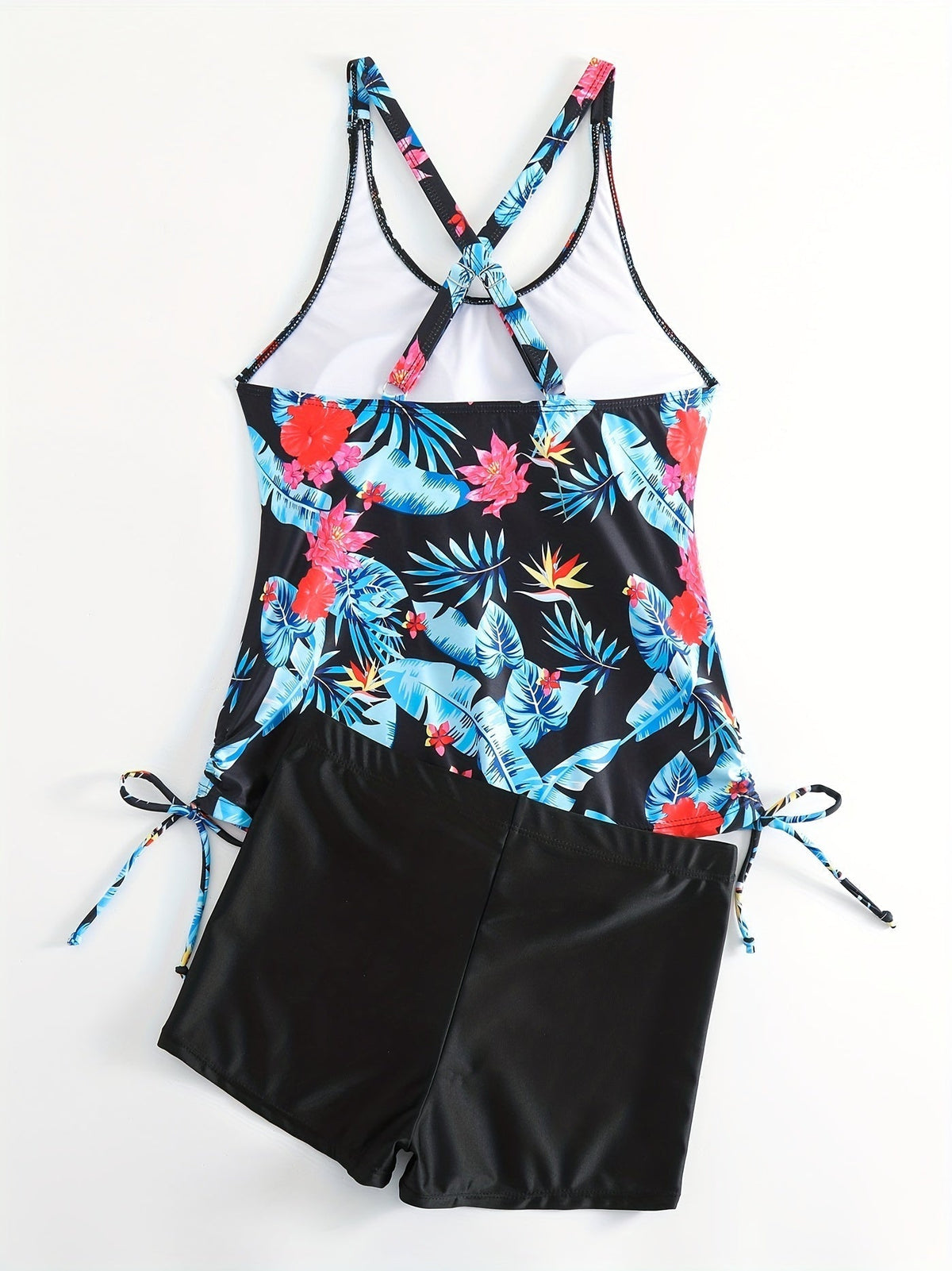 Tropical Print Round Neck Tankini Sets, Drawstring Straps Boxer Short Bottom Two Pieces Swimsuit