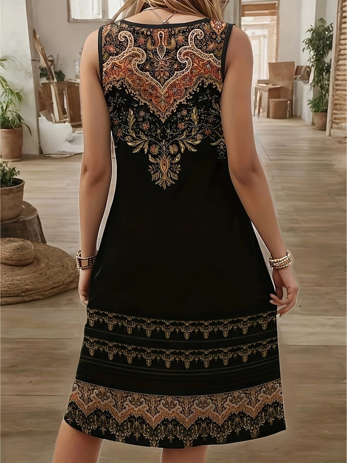 Tribal Print Notch Neck Tank Dress, Casual Sleeveless Loose Tank Dress