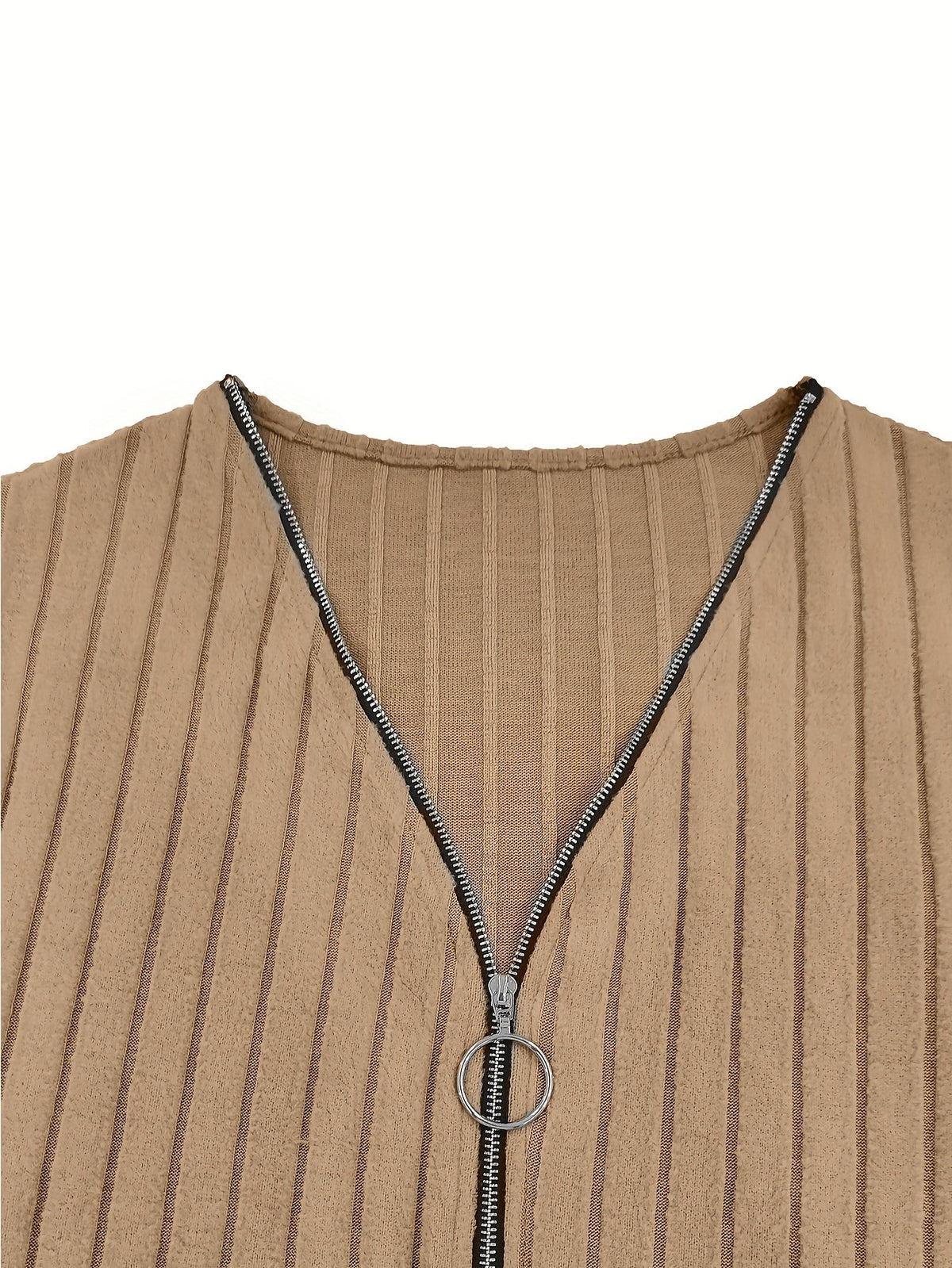 Basic Dress, Women's Solid Ribbed Long Sleeve Zipper V Neck Medium Stretch Bodycon Midi Dress