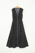 Black Polka Dot Print Contrast Trim V Neck Zip Up Sleeveless Dress