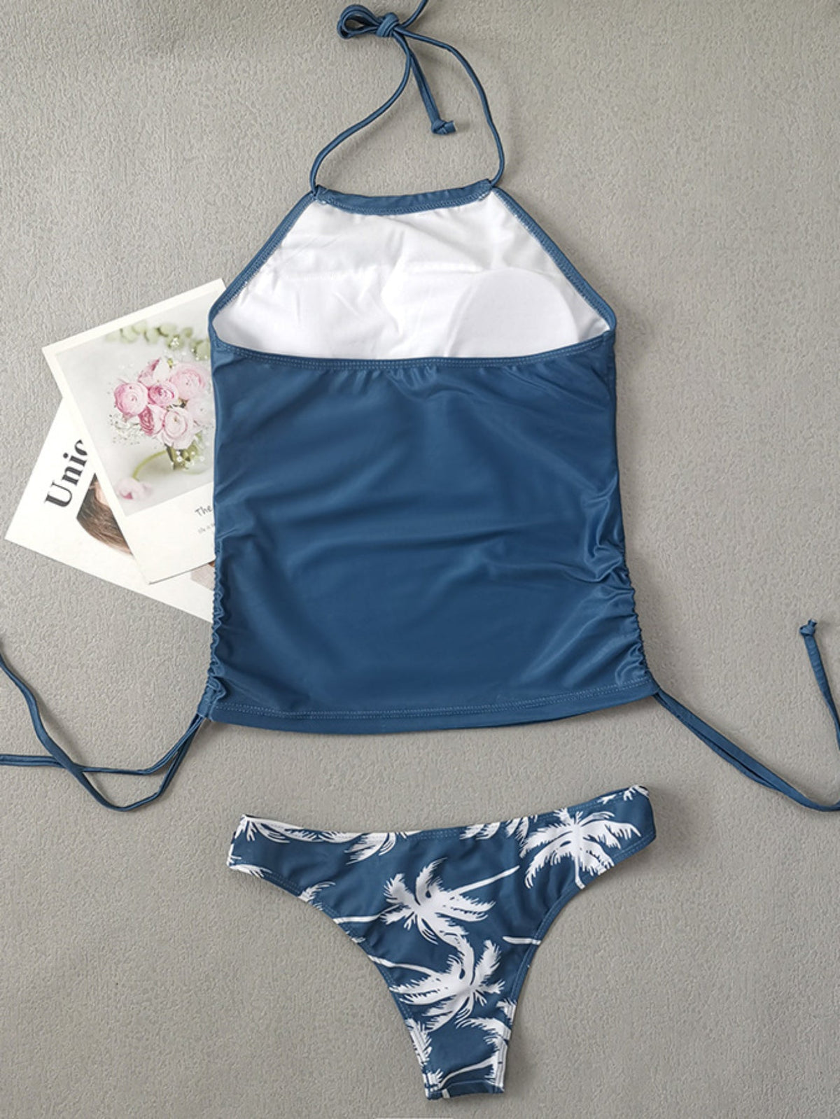 Coconut Tree Sunset Pattern Drawstring 2 Piece Set Swimsuit, Halter Tie Neck Backless Stretchy Low Waist Bathing Suit