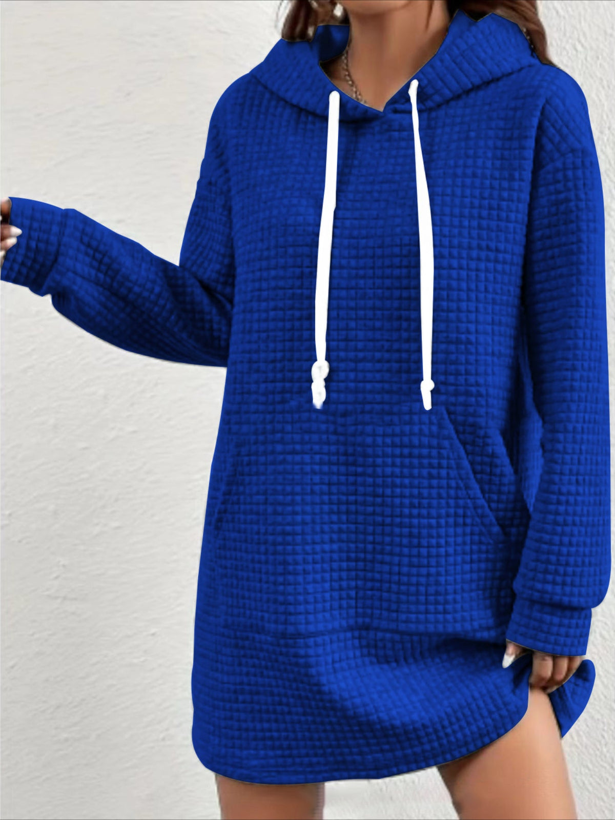 Stylish Textured Drawstring Dress - Comfy Hooded Long Sleeve with Kangaroo Pocket