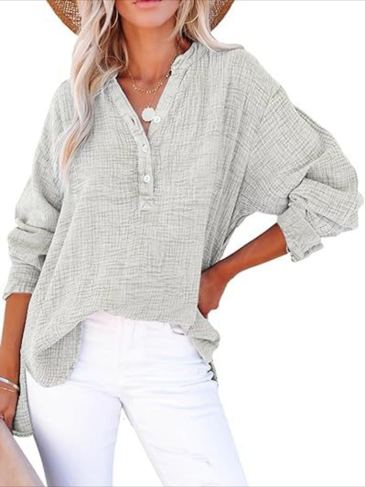 Long Sleeve Button Solid Color Pleated Detail Casual Oversized V-Neck Blouse