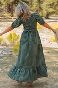 Green Plaid Square Neck Shirred High Waist Ruffle Hem Dress