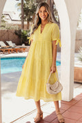 Yellow Gingham Textured Bow Tie Short Sleeve Tiered Midi Dress