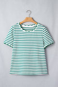 Green Stripe Scalloped Trim Round Neck T Shirt