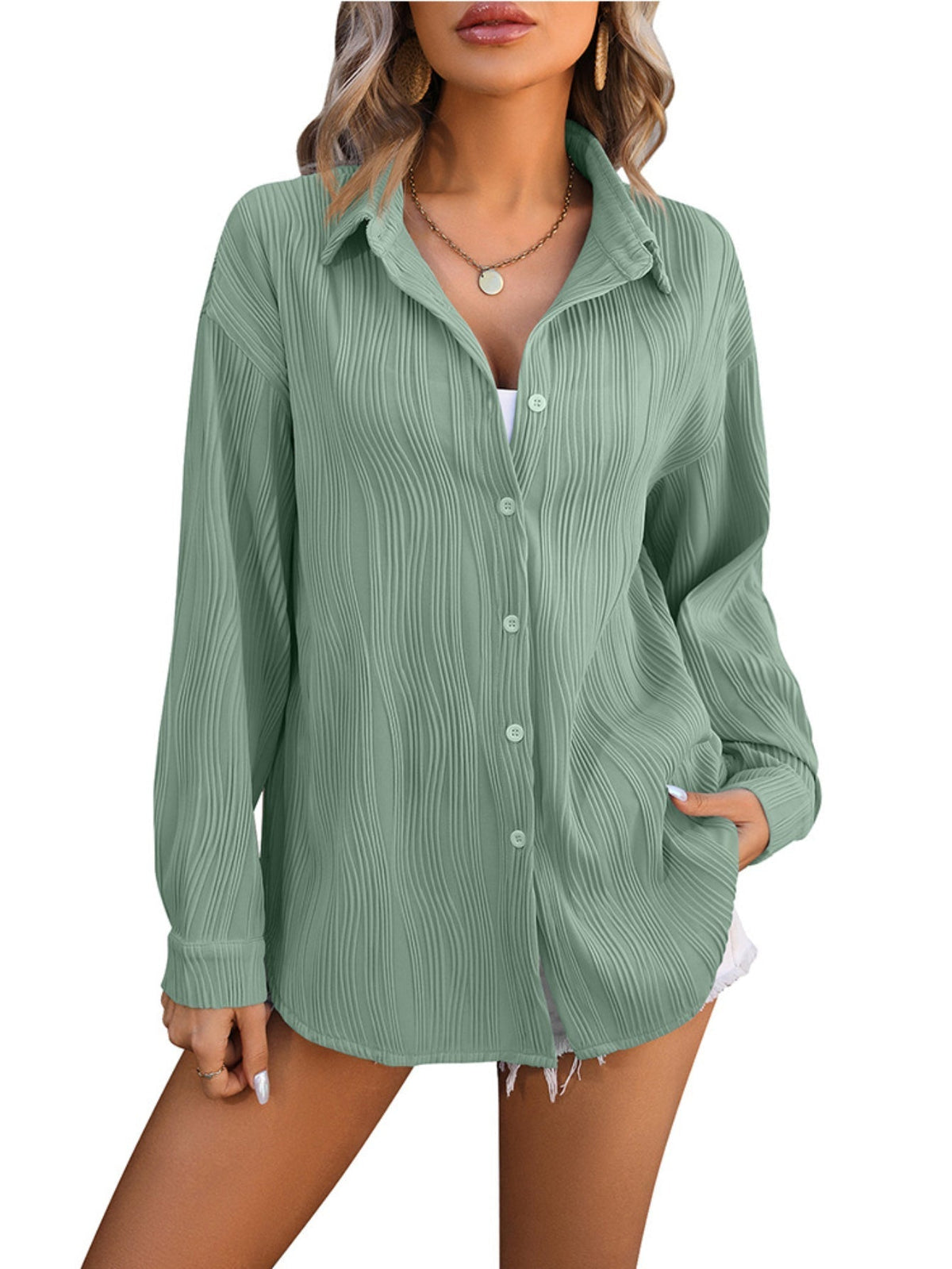 Solid Textured Button Front Shirt, Vintage Long Sleeve Shirt