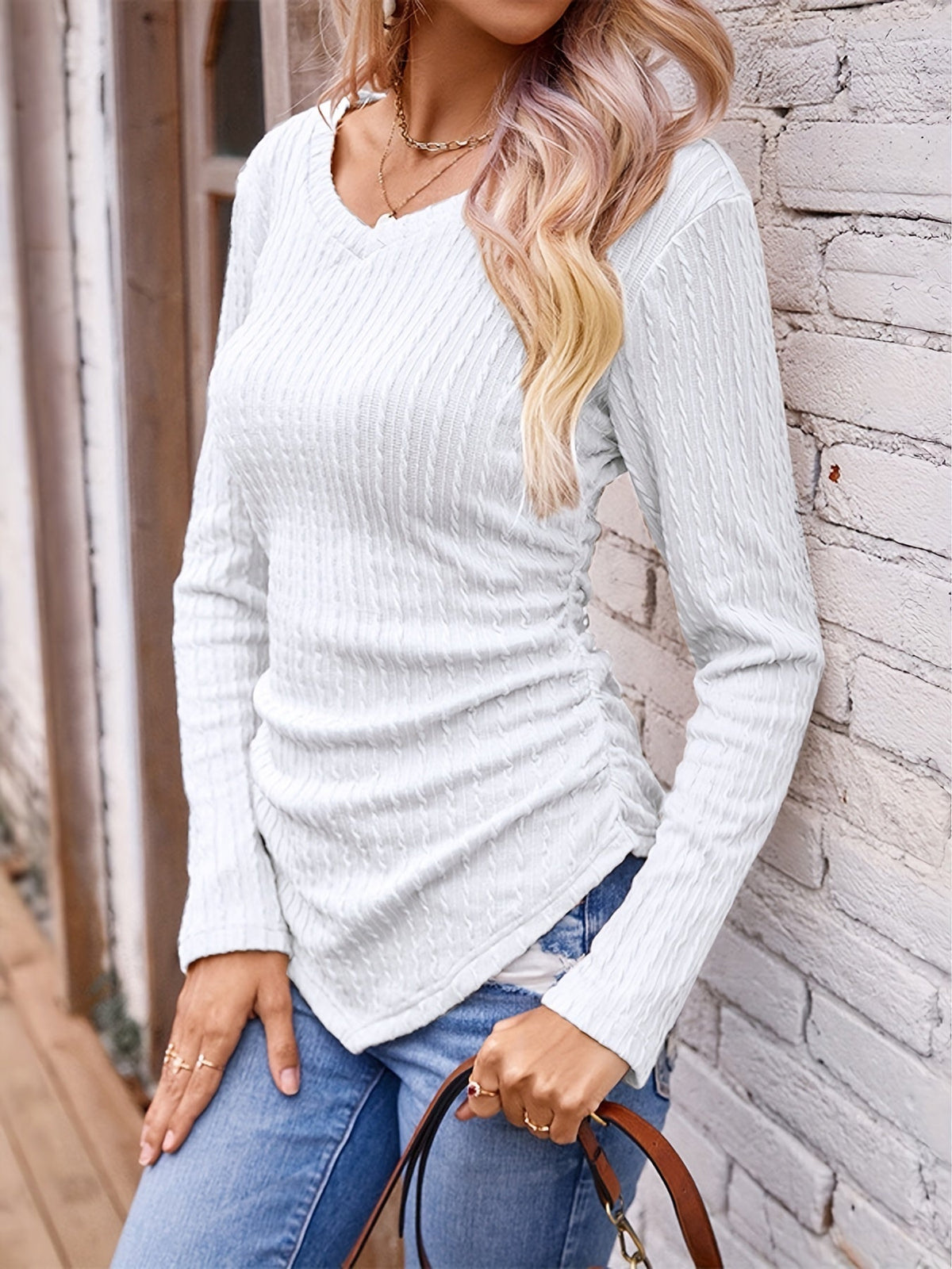 Twist Textured V Neck T-Shirt, Casual Long Sleeve Top