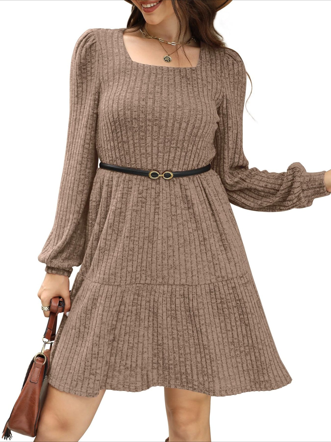 Square Neck Long Sleeve Dress with Pockets