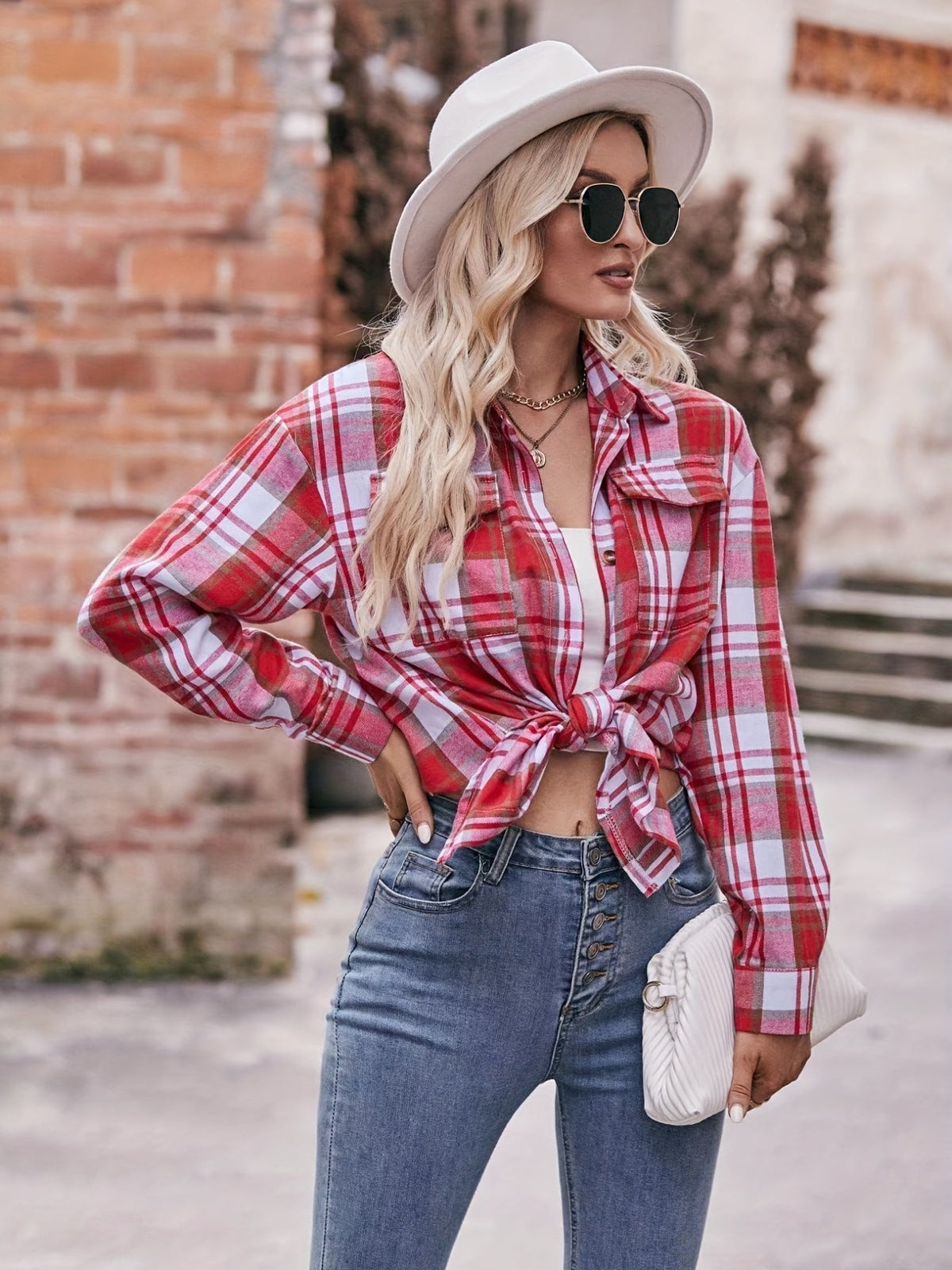 Plaid Print Polo Collar Button Shirt, Casual Long Sleeve Shirt