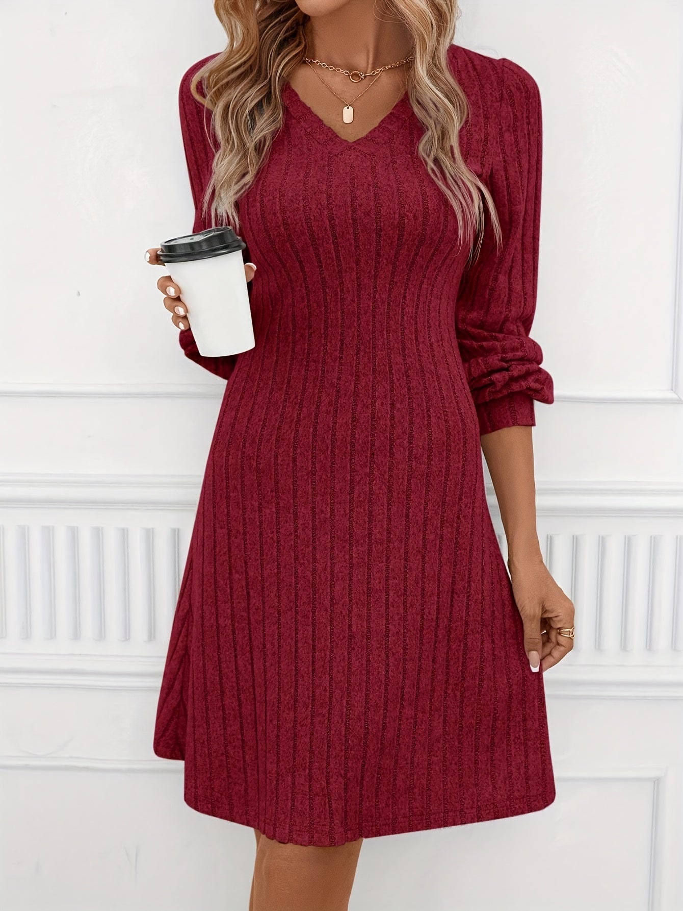 Elegant Ribbed V Neck Dress - Stylish Long Sleeves, Flattering V Neckline, Soft Ribbed Texture