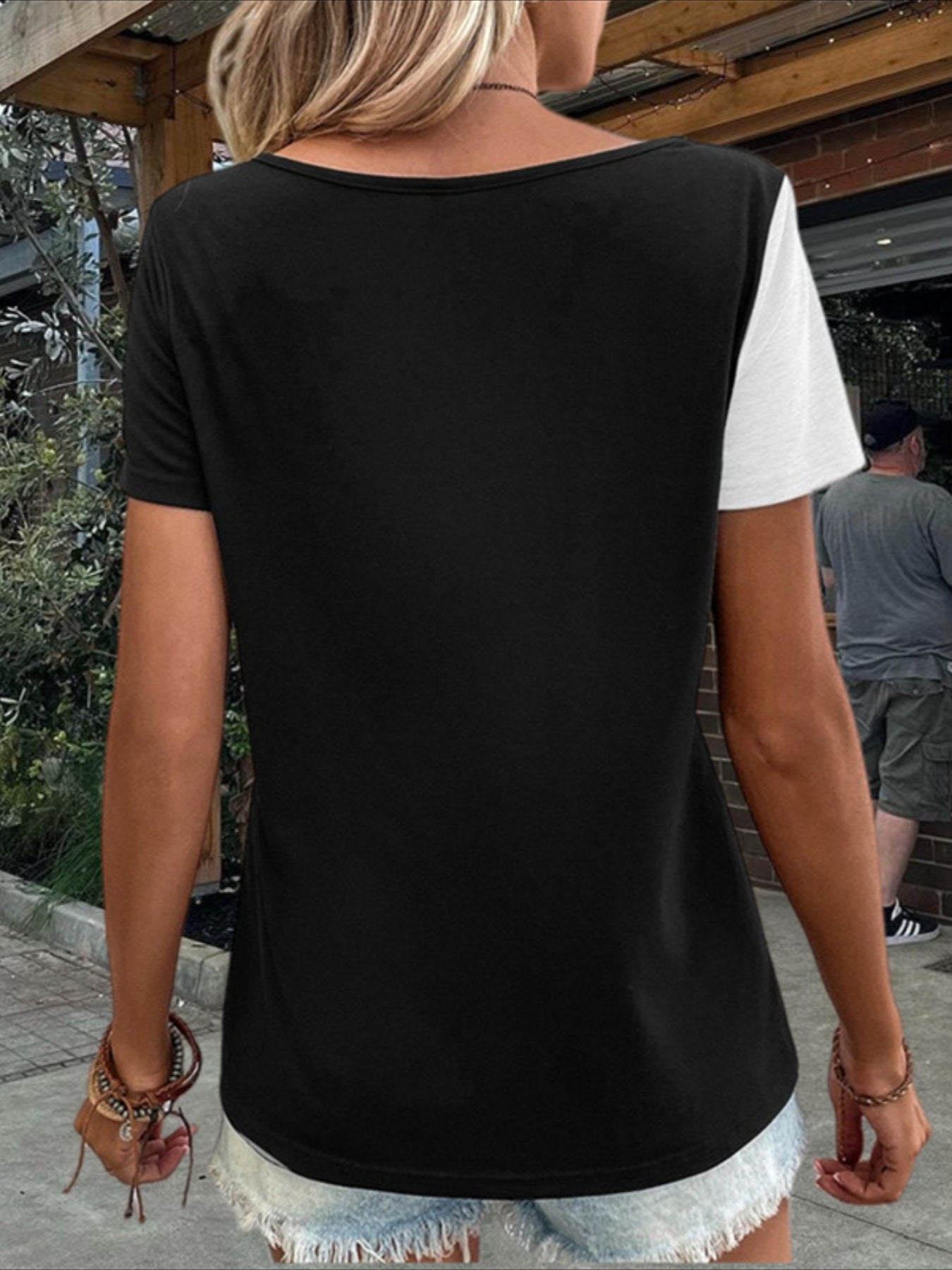 Color Block Asymmetrical Neck T-Shirt - Casual Short Sleeve Top