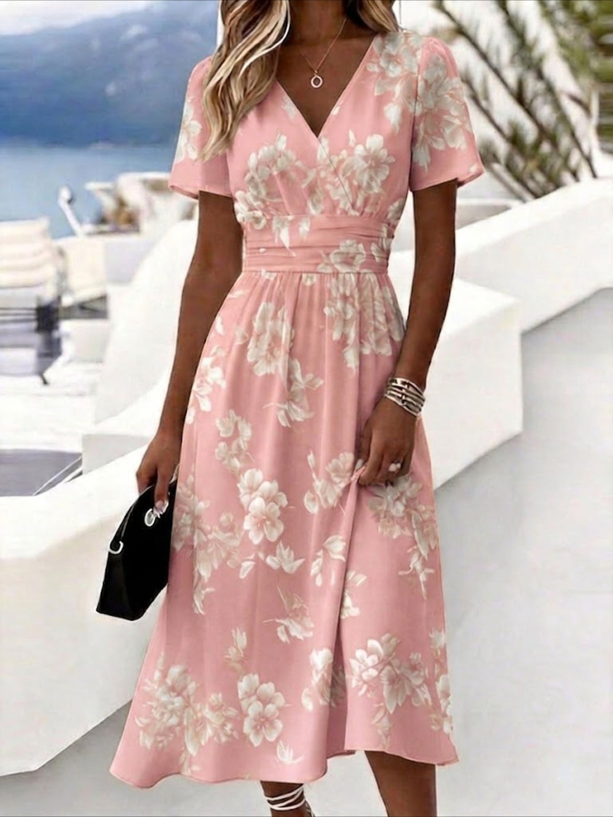 Floral Print V Neck Short Sleeve Beach A-Line Dress
