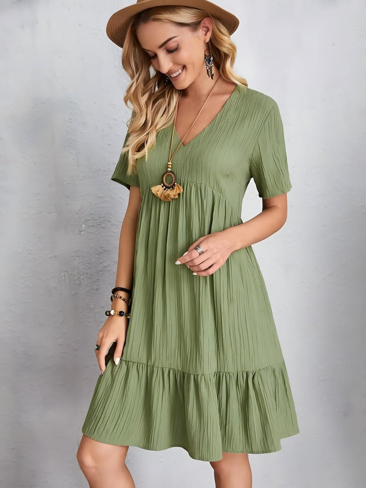 Short Sleeve V Neck Ruffle Mid Dress
