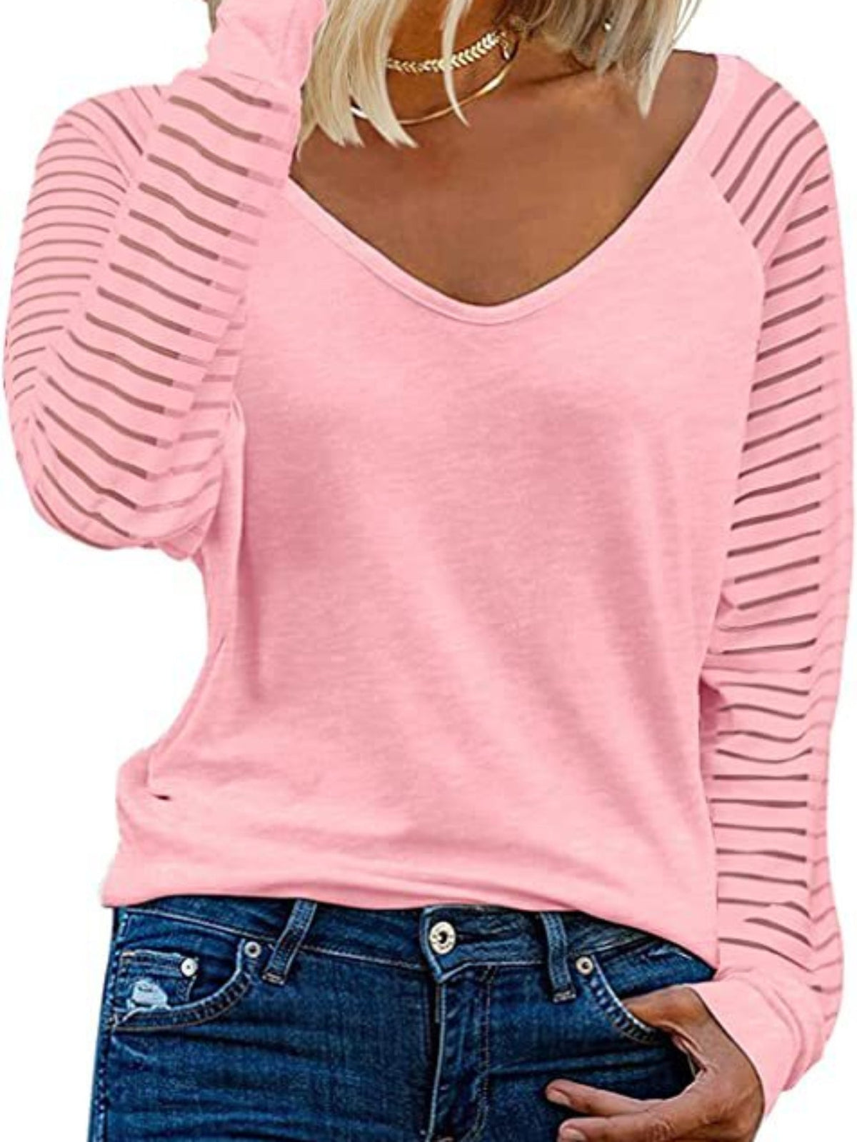 Striped Print Long Sleeve T-Shirt, Casual V Neck T-Shirt