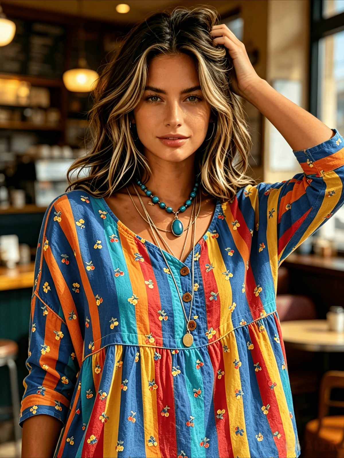 Floral Print 3/4 Sleeve V-Neck Three-Button Front Babydoll Blouse