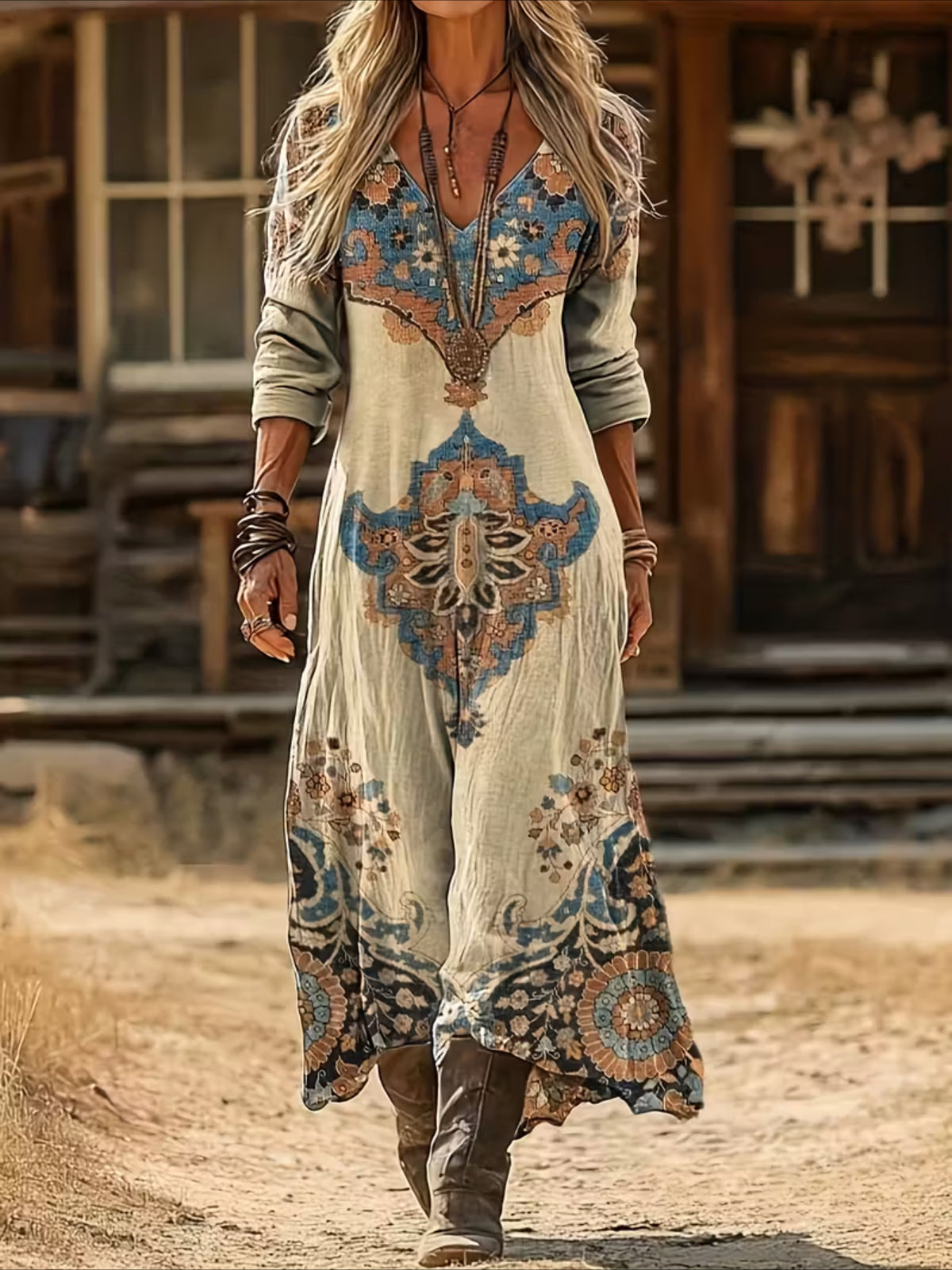 Vintage Ethnic Floral Digital Print Long Sleeve Dress