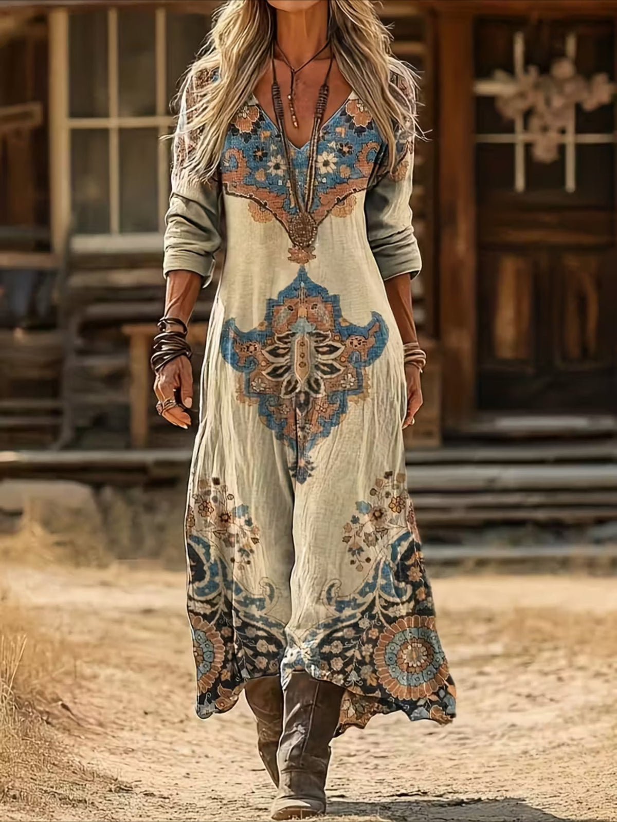 Vintage Ethnic Floral Digital Print Long Sleeve Dress
