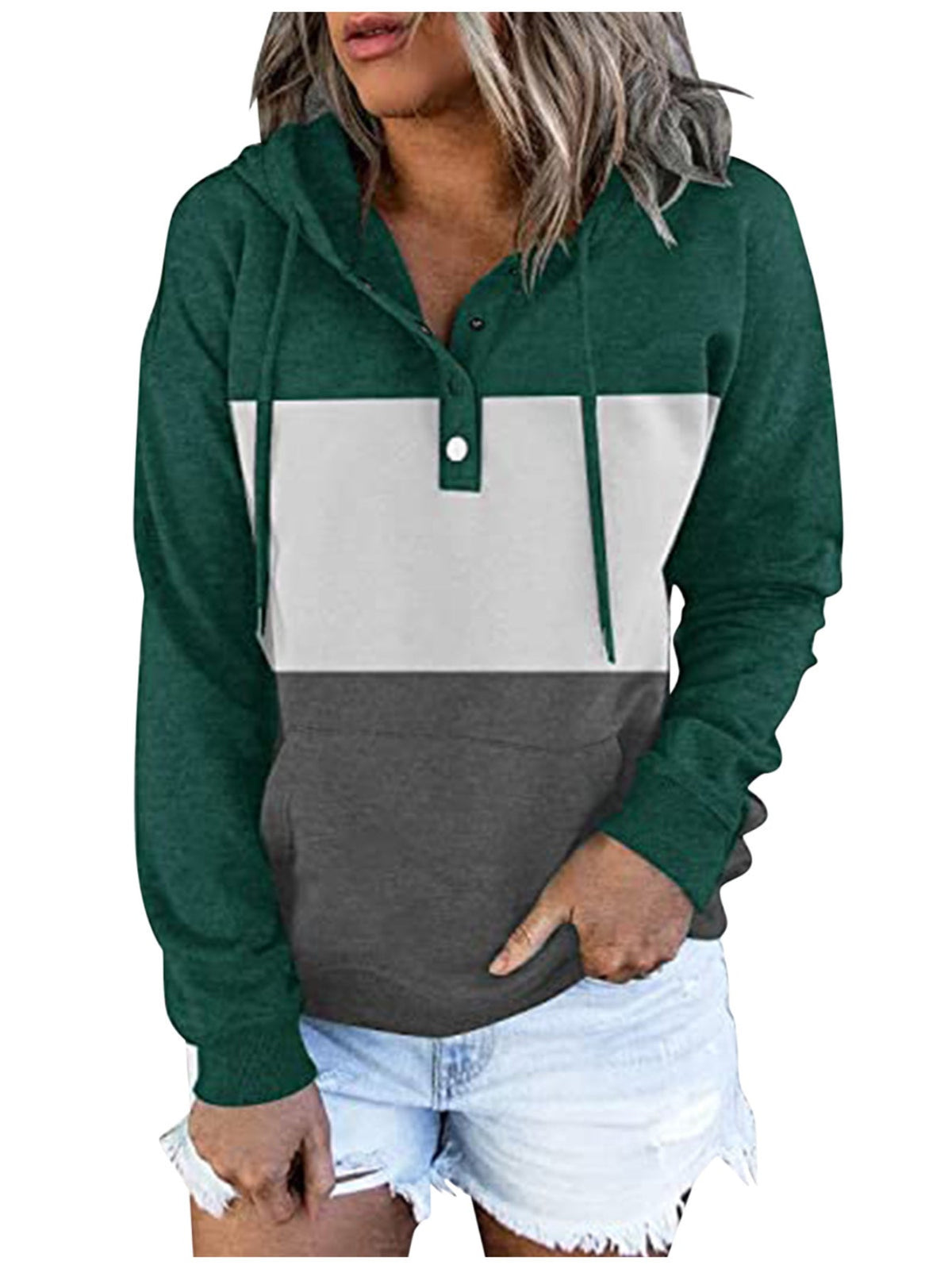 Color Block Button Drawstring Hoodie, Casual Long Sleeve Kangaroo Pocket Sweatshirt