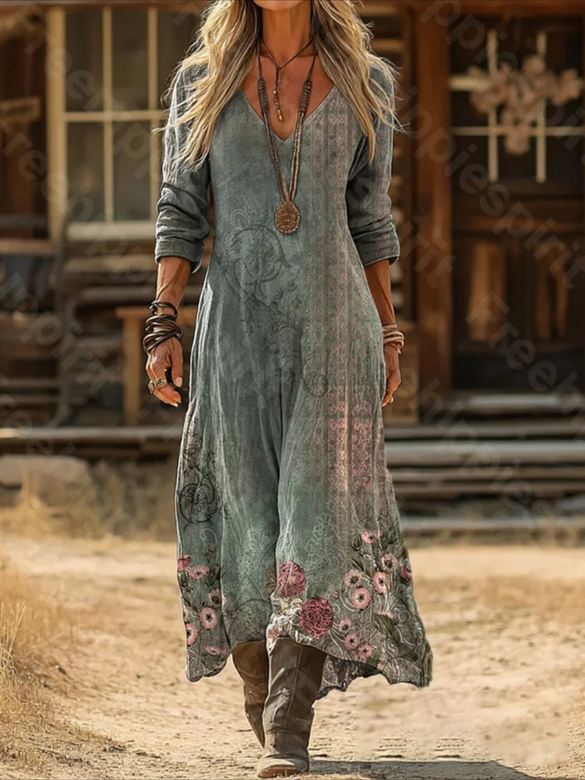Vintage Ethnic Floral Digital Print Long Sleeve Dress