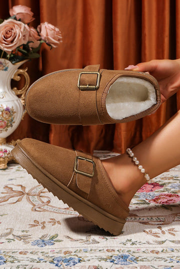 Camel Faux Suede Buckle Strap Detail Winter Clog Slippers