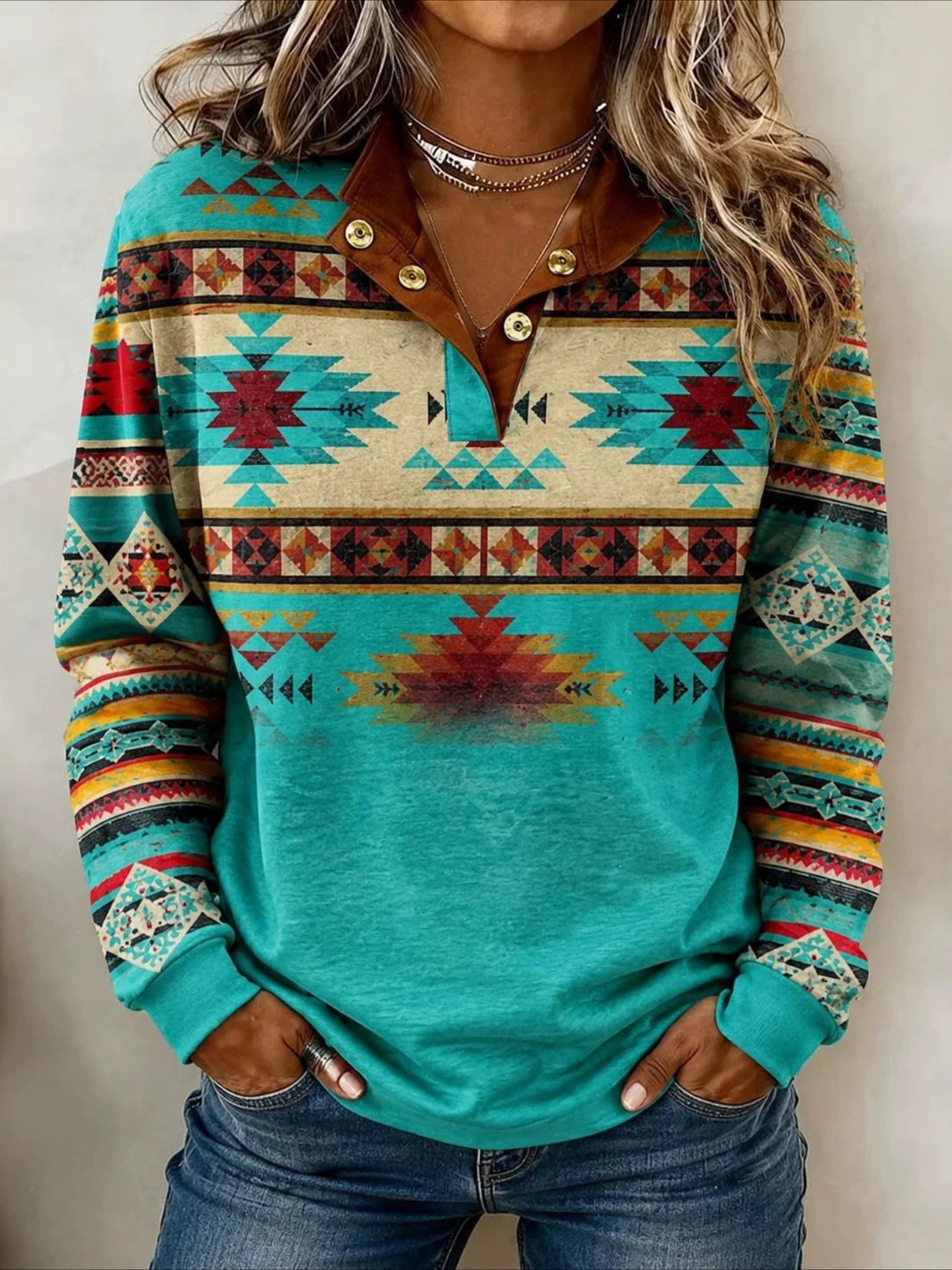 Ethnic Geometry Half Open Collar Vintage Spring/Fall Long Sleeve Sweatshirt