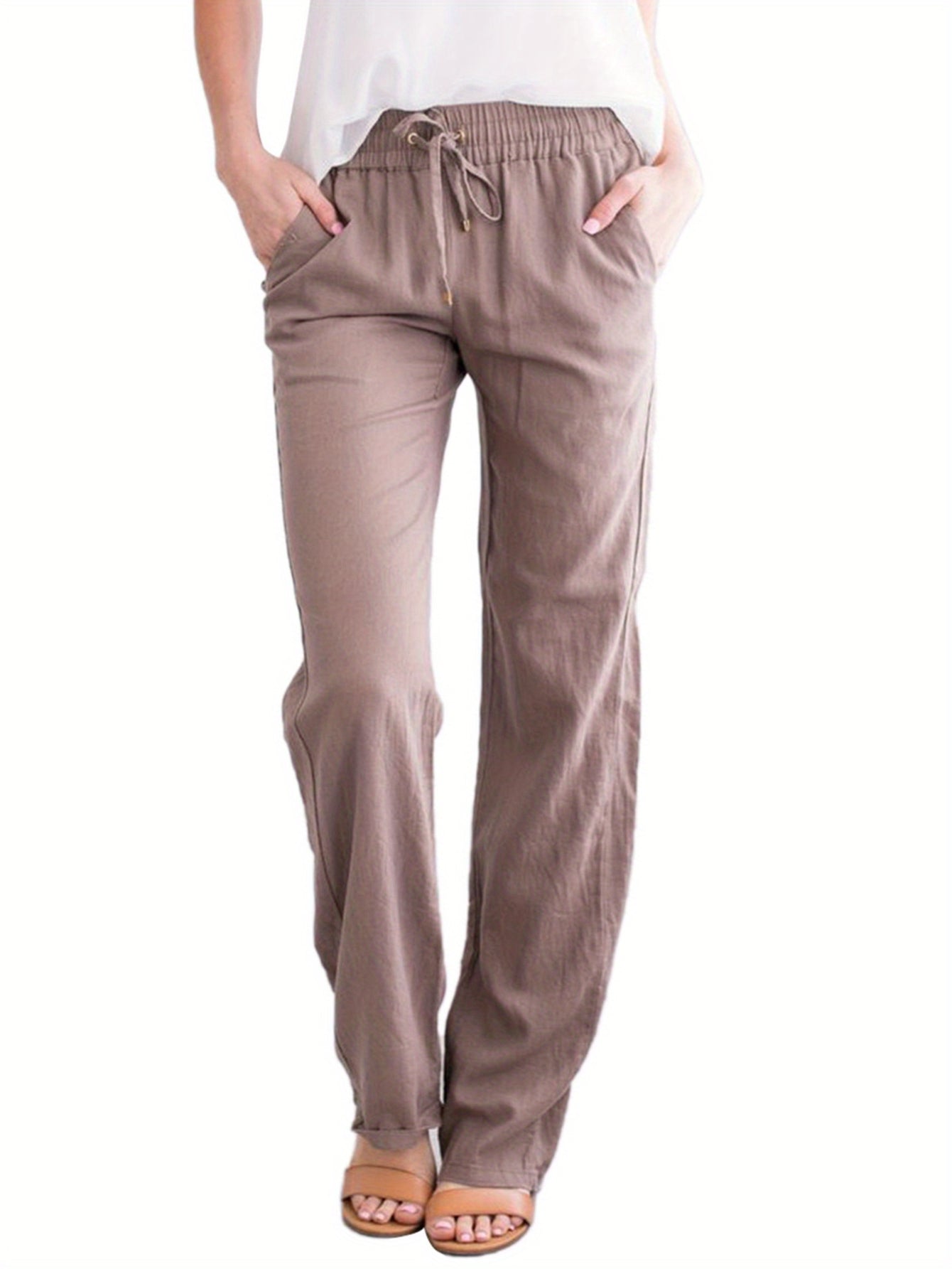 Women's Loose Fit Wide-Leg Trousers - Casual Solid Color Drawstring Design Fashion Pants
