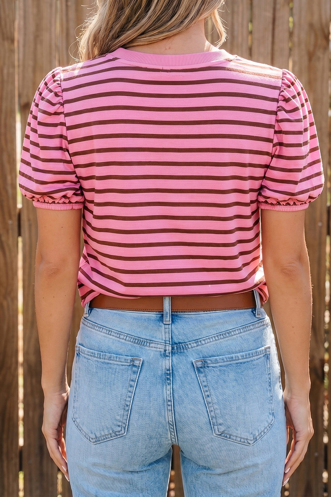 Rose Stripe Striped V-Neck Ribbed Collar Cuff Gathering Puff Sleeve Top