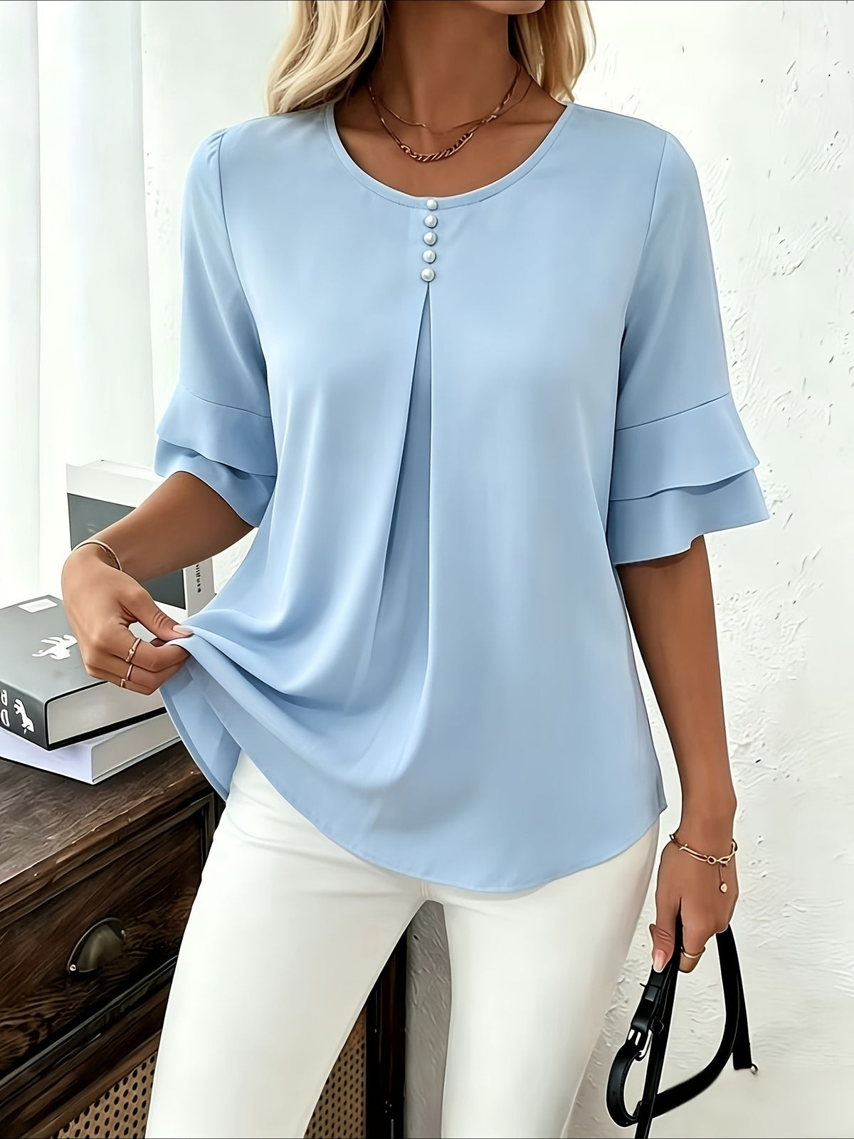 Elegant Fashion Summer Loose Solid Round Neck Button-Up Shirt Flared Sleeve Ruffle Top