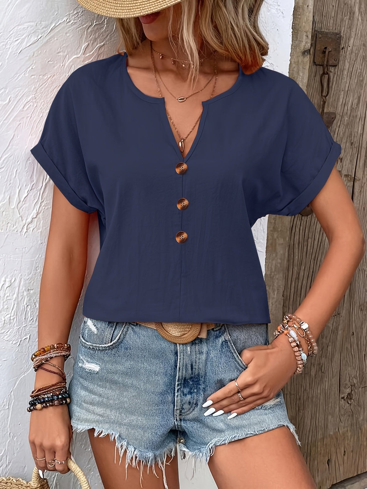 Elegant V-Neck Short Sleeve Button Detail Blouse