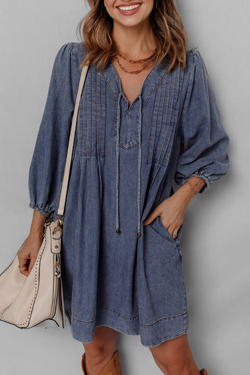 Sail Blue 3/4 Sleeve Tied V Neck Pleated Denim Mini Dress