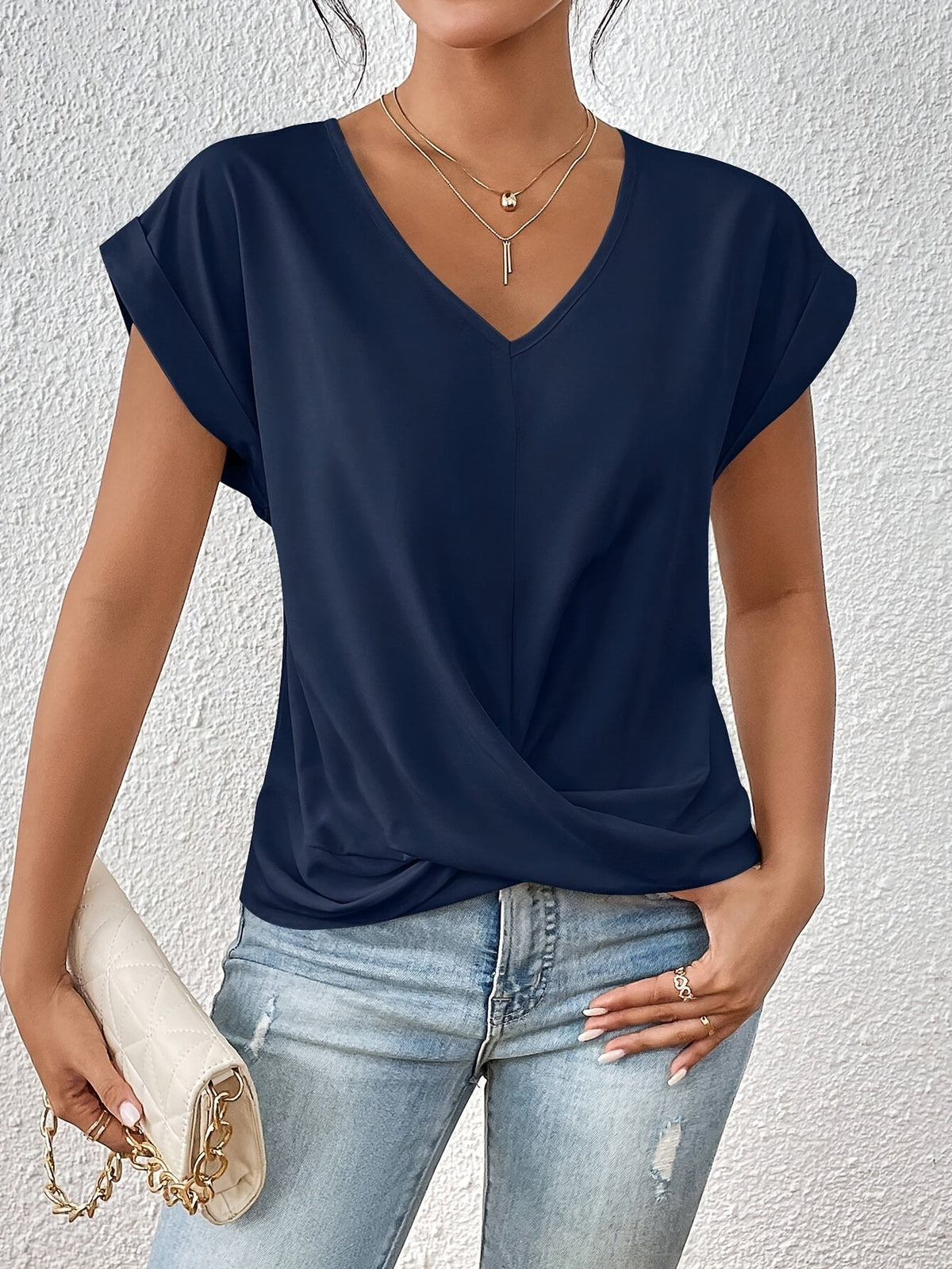 Women's Knot V Neck T-Shirt - Casual Short Sleeve Top