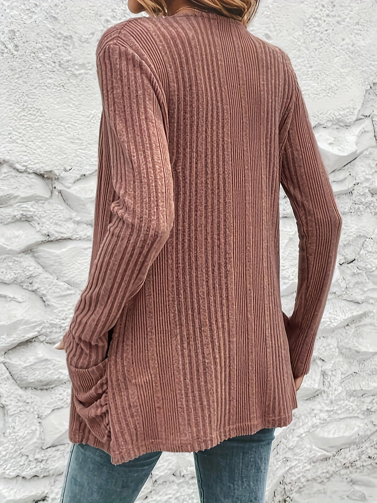Solid Open Front Rib Knit Cardigan, Casual Long Sleeve Slim Cardigan With Pocket