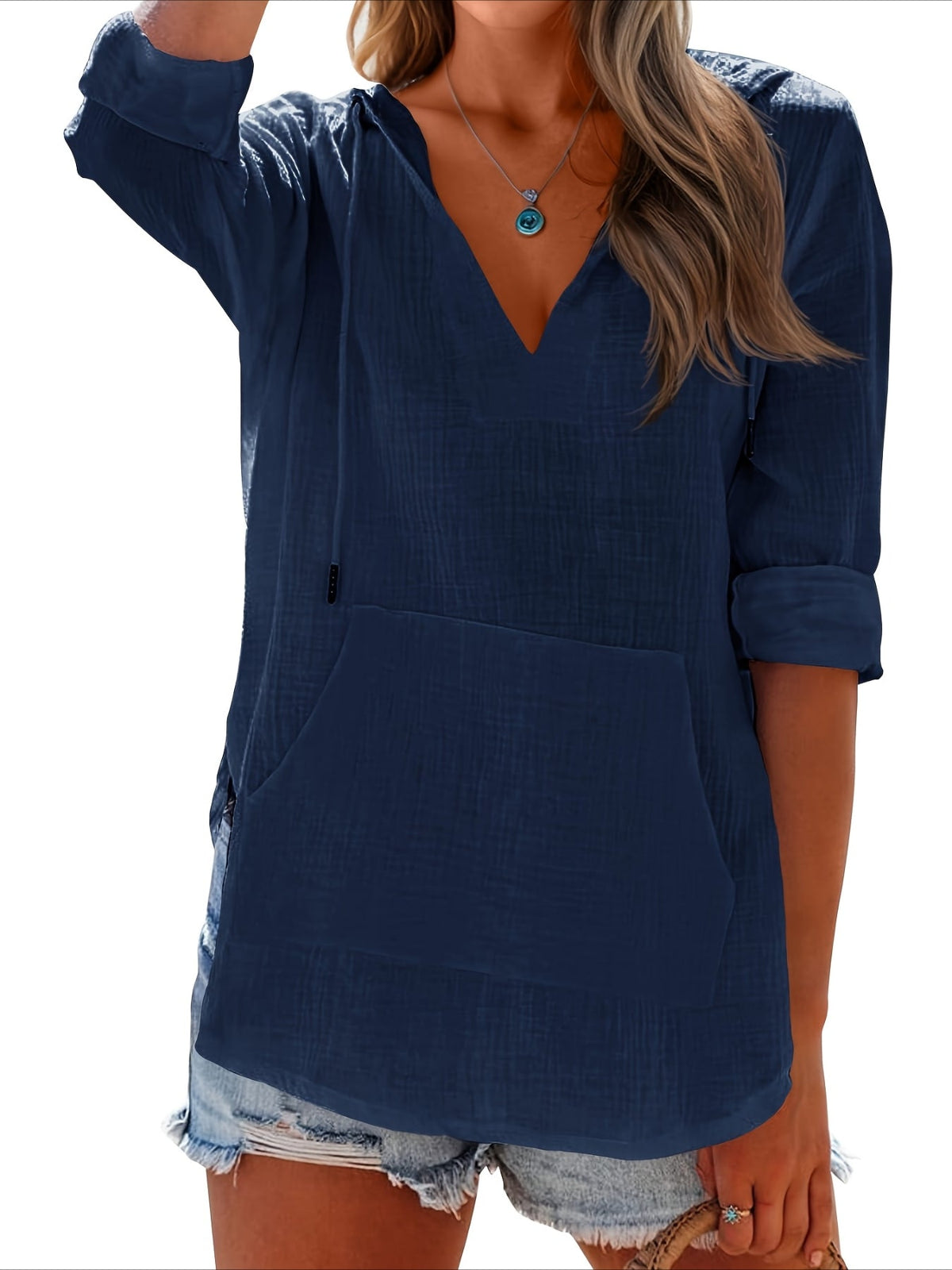 Long Sleeve V Neck Pocketed Hooded Sweatshirt