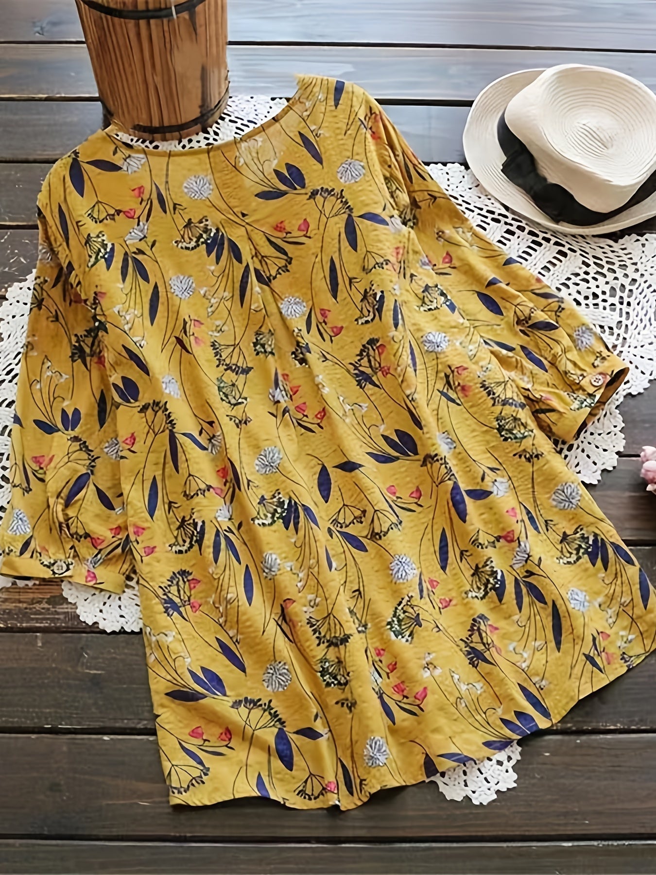 Floral Print Shirt - 3/4 Sleeve, Shirred Round Neck, Loose Fit, Ruffled Blouse