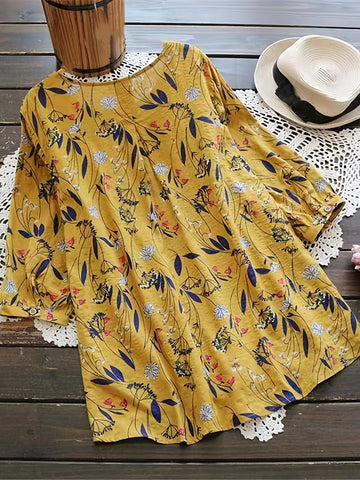 Floral Print Shirt - 3/4 Sleeve, Shirred Round Neck, Loose Fit, Ruffled Blouse