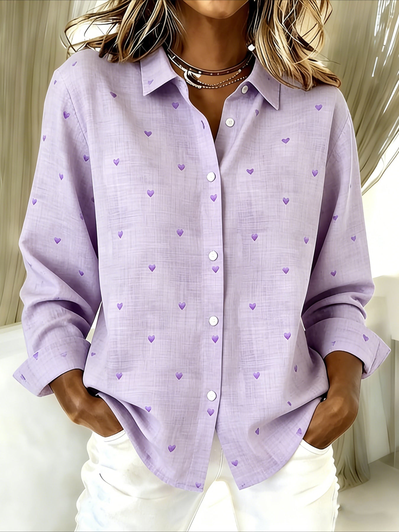 Heart/Cordate Shawl Collar Long Sleeve Regular Loose Shirt