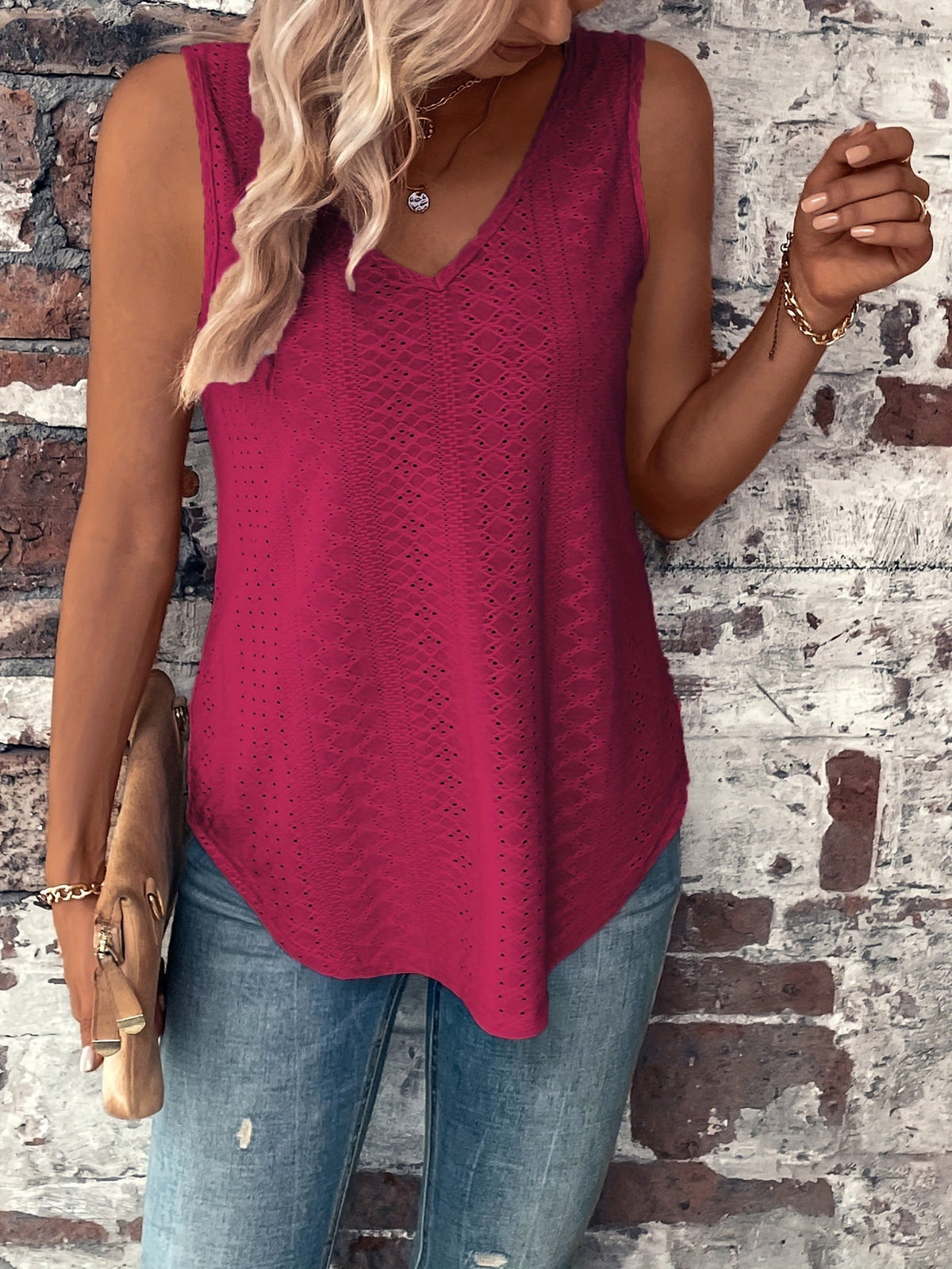 Eyelet Solid Tank Top, Casual V Neck Summer Sleeveless Top