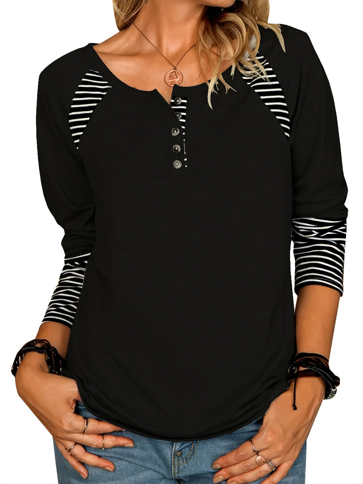 Stiped Button T-Shirt, Crew Neck Long Sleeve T-Shirt, Casual Every Day Tops
