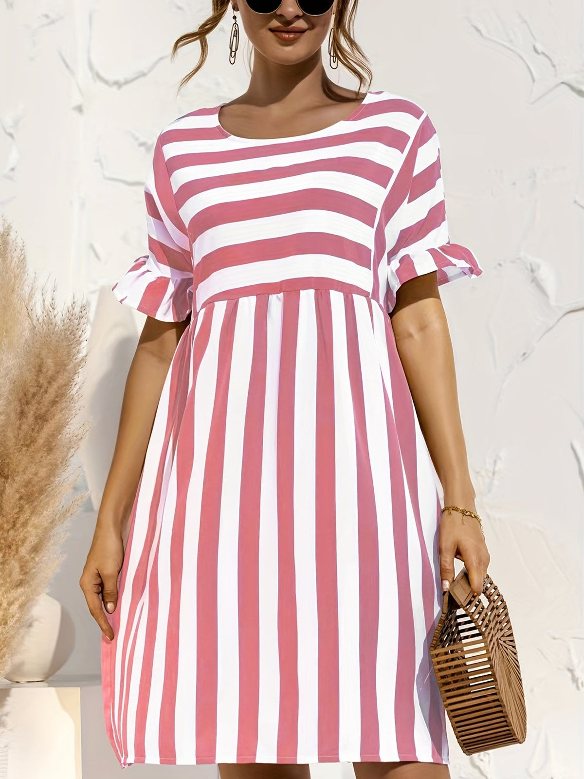 Short Sleeve Beach Dress, Crew Neck Vacation Casual Dress