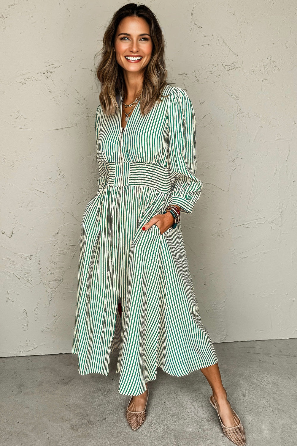 Green Stripe V Neck Zip Front Cinched High Waist Midi Dress