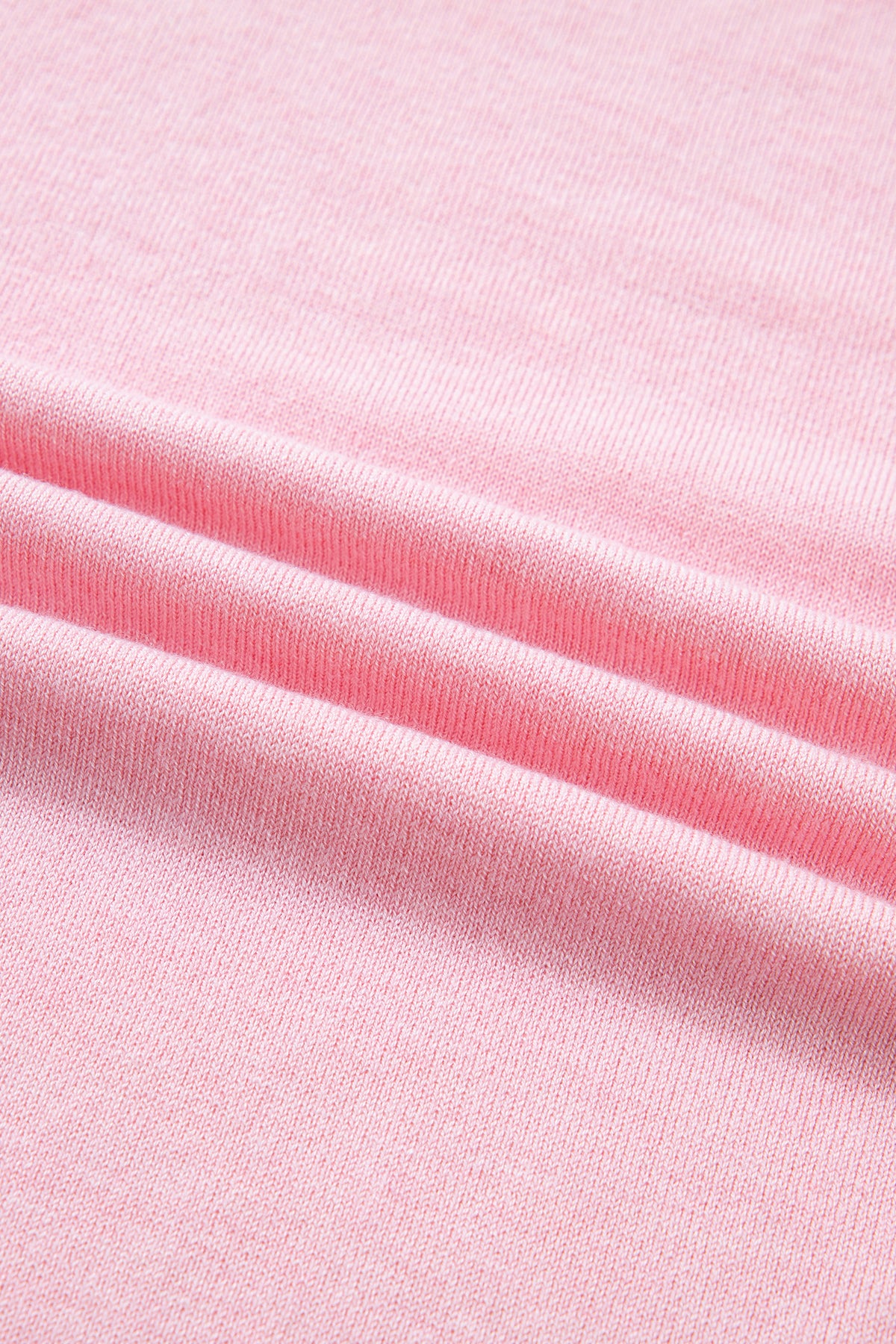Pink Stand Neck Contrast Wavy Trim Short Sleeve Sweater