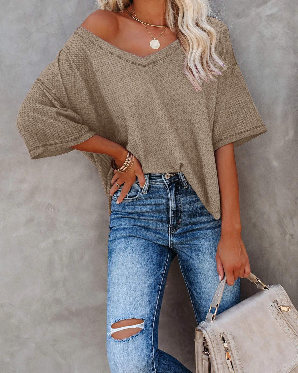 Solid Elegant V Neck T-Shirt, Drop Shoulder Casual Top