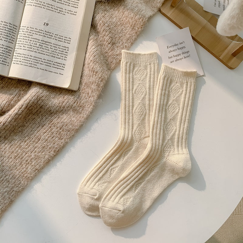 2/6 Pairs Thick & Warm Cream Color Socks, Retro Art Pattern Mid Tube Socks