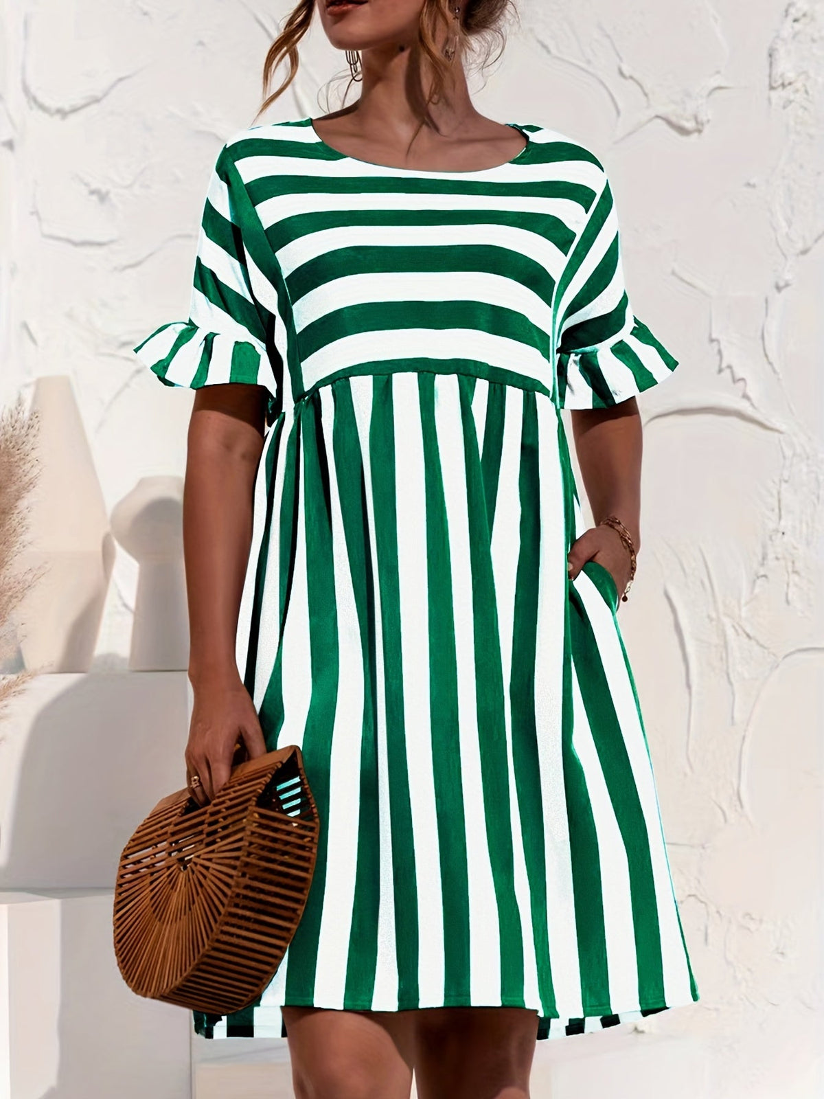 Short Sleeve Beach Dress, Crew Neck Vacation Casual Dress