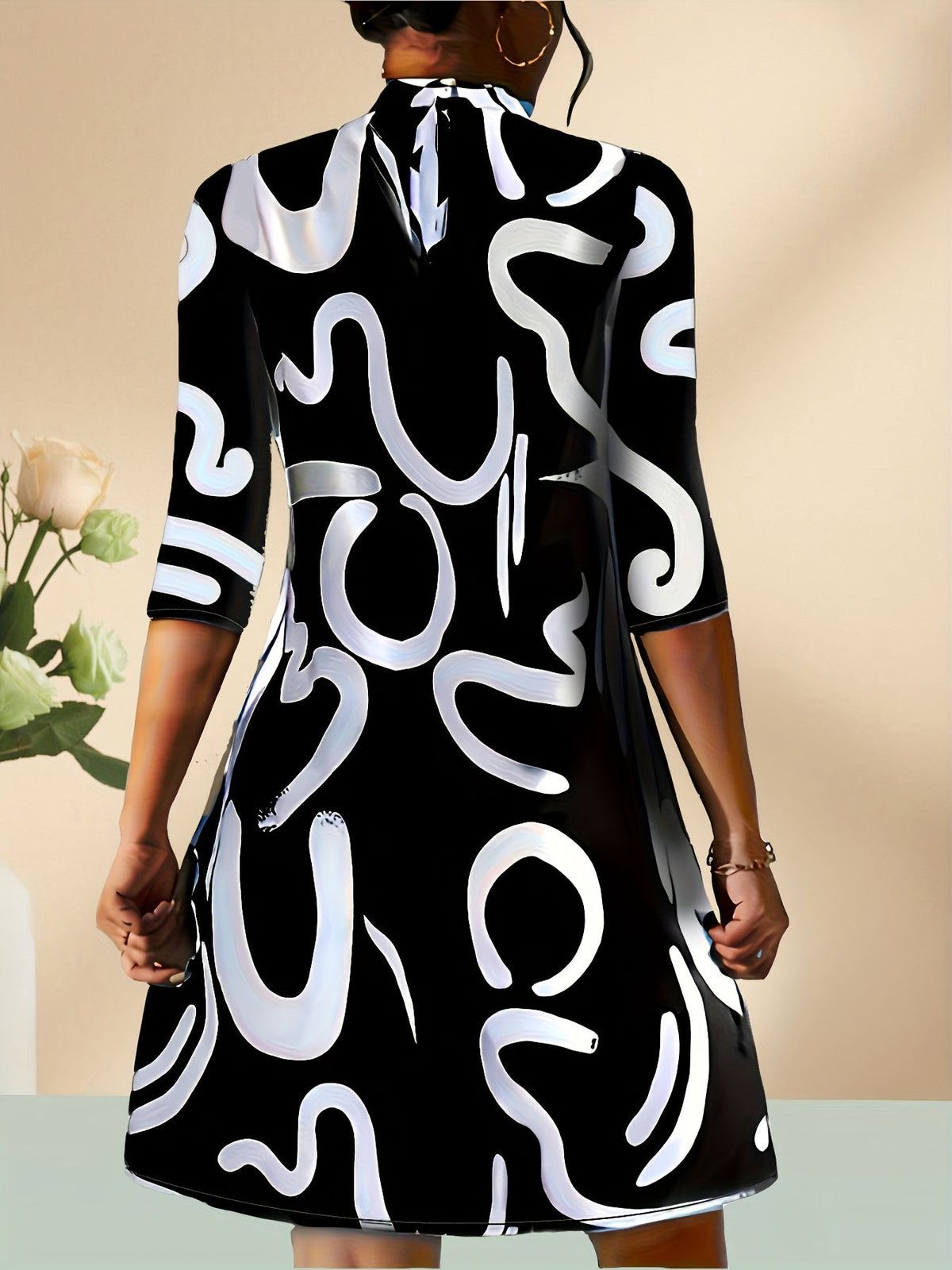 Abstract Print 3/4 Sleeve Dress, Casual Mock Neck Simple Dress